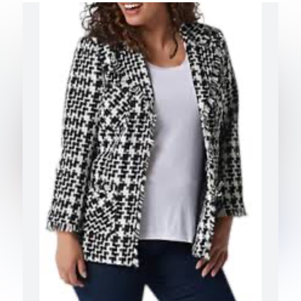 DENNIS BASSO BLACK & WHITE TWEED BLAZER WITH FRAYED LAPEL